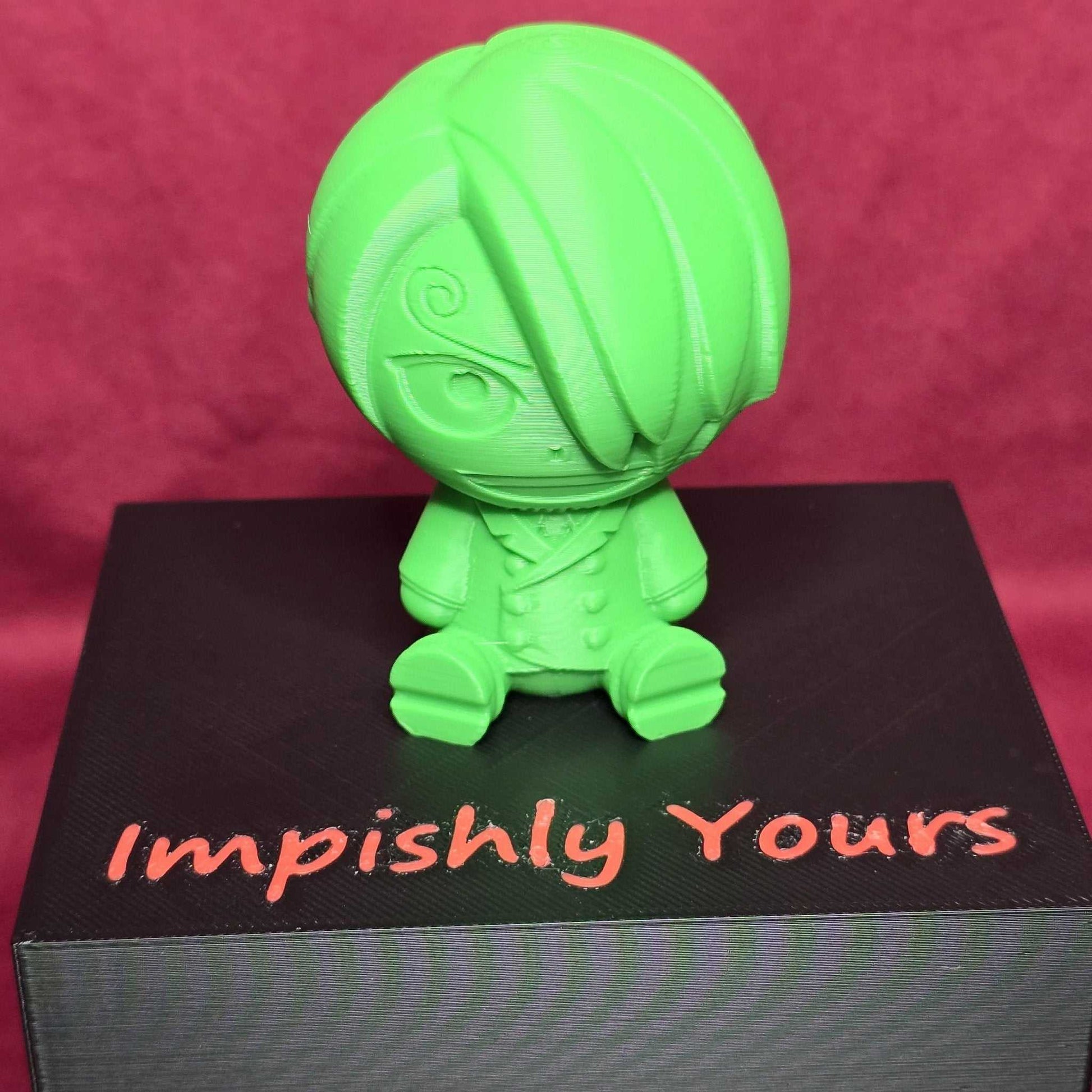 Front view of Chibi Sanji Figure - 3D One Piece Collectible made from green PLA plastic, displayed on a black box labeled 'Impishly Yours'.
